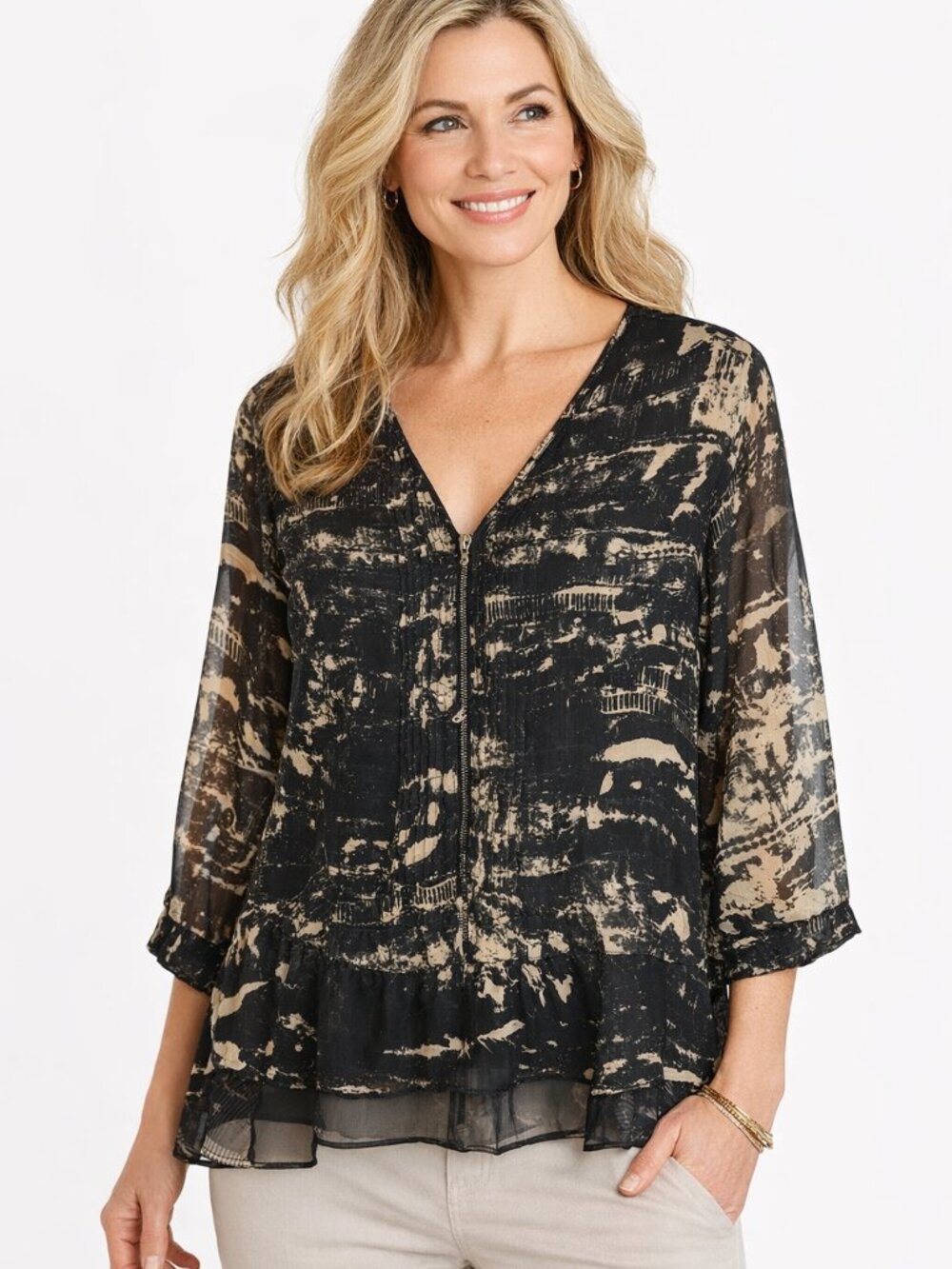 Coldwater Creek Blouse Women's XL Lightweight Abstract Flowy Boho Black Brown‎